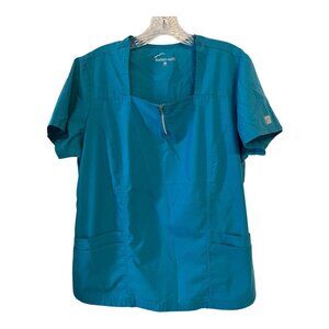 Butter-Soft Teal Scrub Top Women’s Size L – Zip Front, 2 Pockets – 65/35 Poly Co